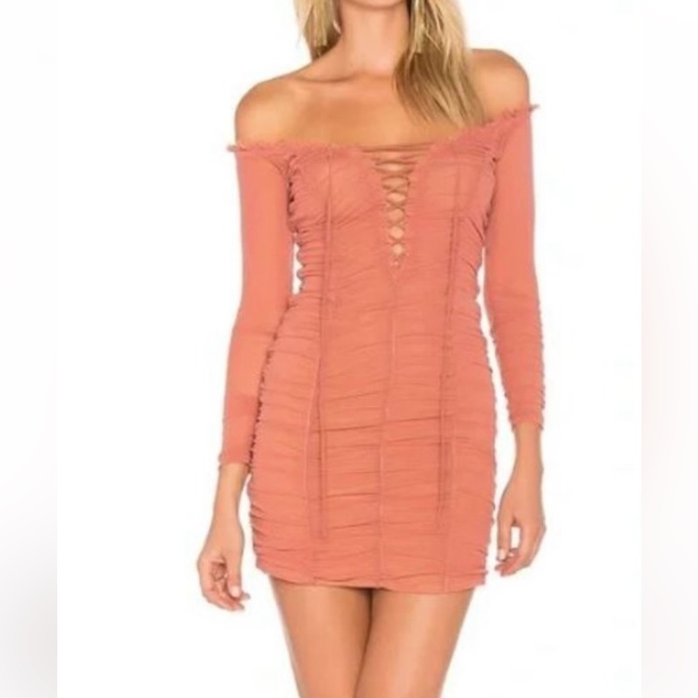 Majorelle Darling off the shoulder mesh mini dress